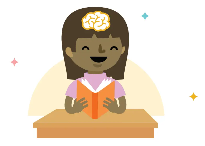 An illustrated child reading a book. Her outlined brain represents alignment with the science of reading.