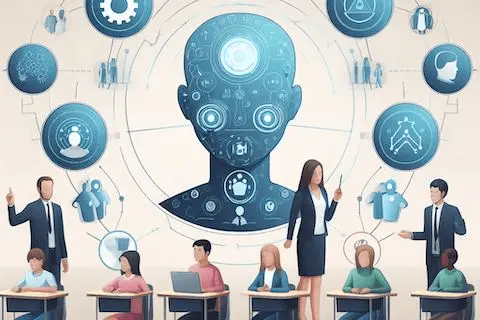 An AI-generated image featuring students at desks, teachers standing next to them, and an AI avatar in the background.
