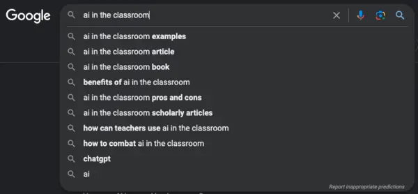 A screenshot of Google search recommendations for the phrase "AI in the classroom"