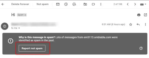 A screenshot of the "Report not spam" button in Gmail