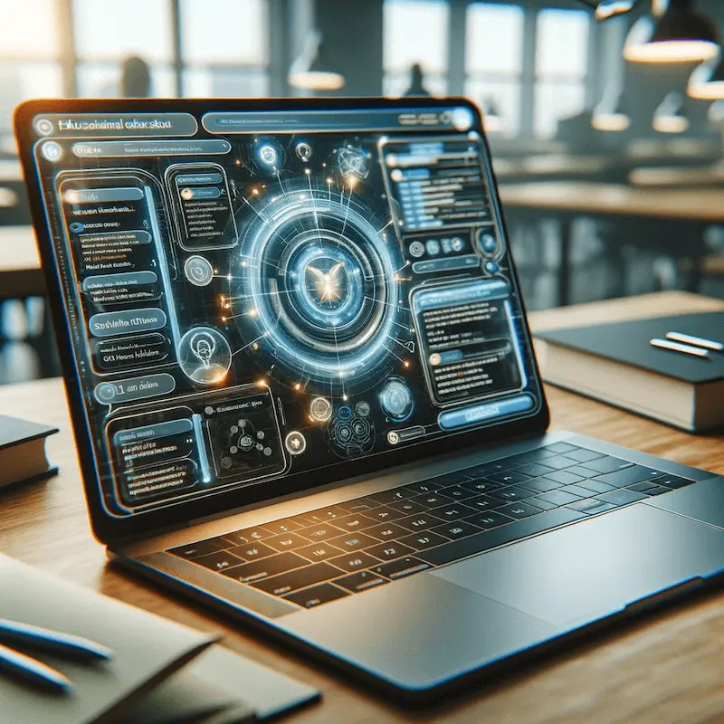 Stylized image of a laptop computer supercharged by AI features. The image imagines a world where AI reduces the learning curve for edtech.