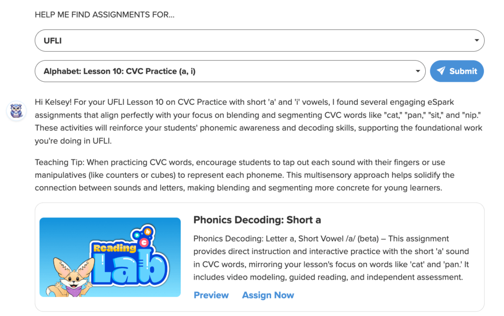 An example of how Teacher Assistant makes recommendations based on core curriculum.