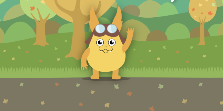 Illustrated eSpark character Rocky waving from the side of a road.