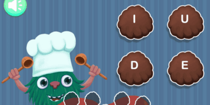 Screenshot of an eSpark game featuring an illustrated monster with meatballs containing capital letters.