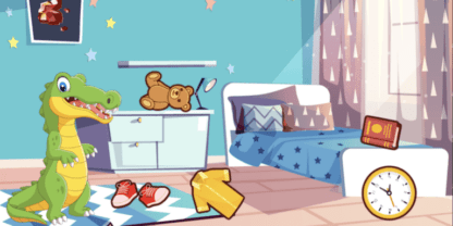 Screenshot from an eSpark game featuring an illustrated crocodile and his messy room.