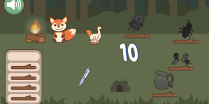 A screenshot from an eSpark rhyme game featuring an illustrated fox and several camping supplies.