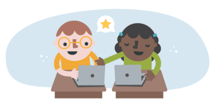 Two illustrated students collaborating over their laptops.