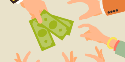 An illustrated hand holding out cash with other hands reaching for it.