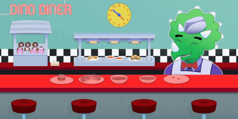 Screenshot of the title screen from Dino Diner, one of eSpark's 2nd grade math games.