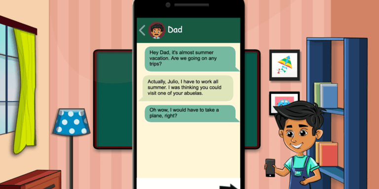 A screenshot of one of eSpark's 5th grade reading games featuring a text exchange between a child and his father.