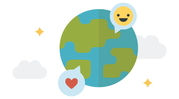 A globe icon featuring a smiley face and a heart.