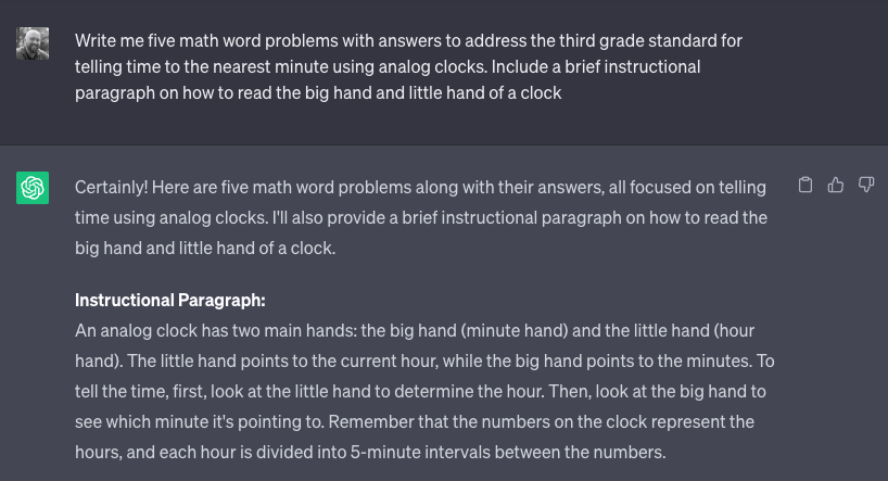 An exchange between the author and ChatGPT in which the author requests five word problems aligned with the standard for telling time to the nearest minute.