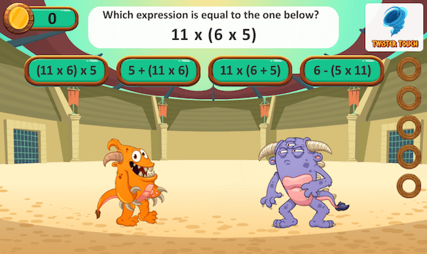 Two monsters face each other in an arena, with an associative property multiple choice question at the top of the screen.