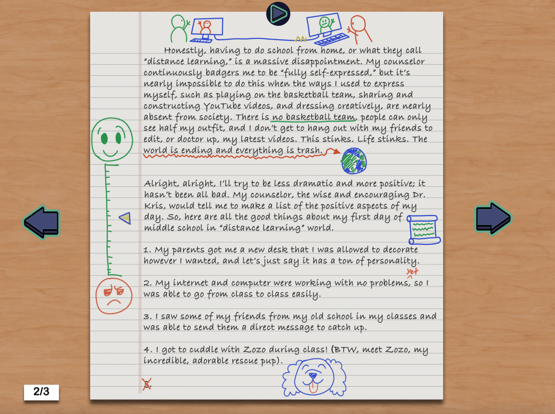 A diary entry from a middle school student featuring a full page of text and accompanying doodles.