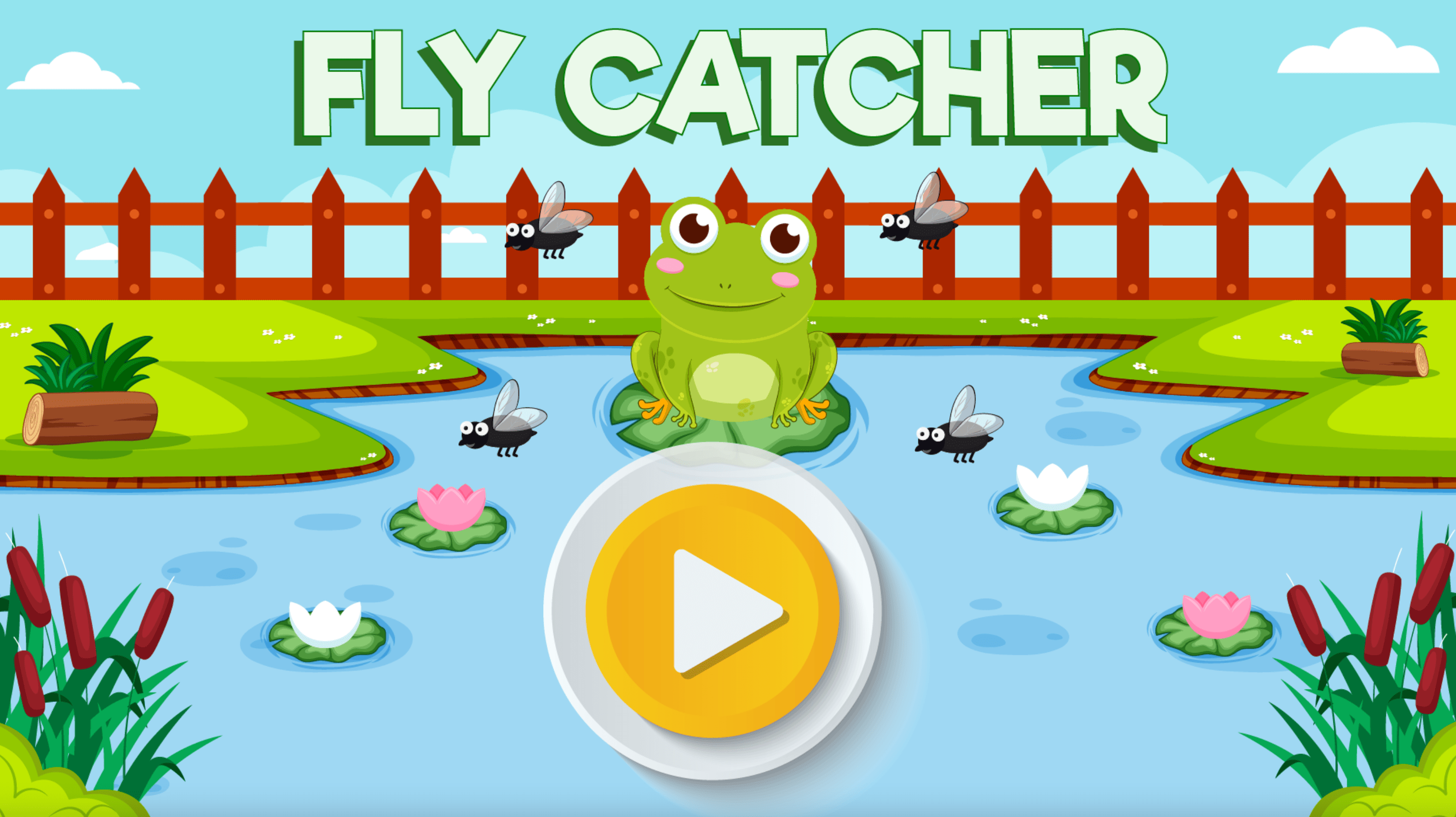 Game title screen featuring a frog on a lily pad and a yellow play button.
