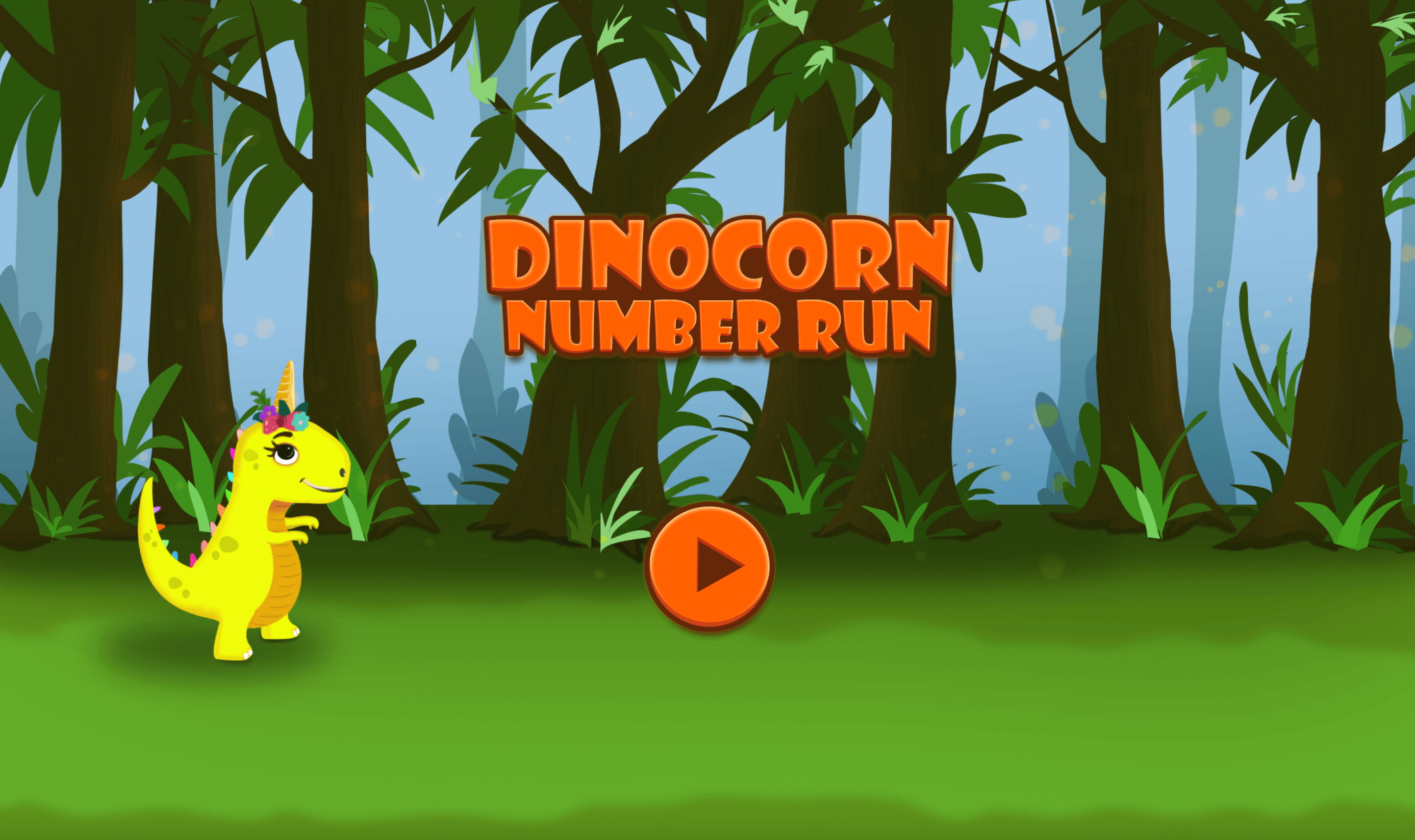 Game title screen featuring a dinosaur/unicorn hybrid and an orange play button.