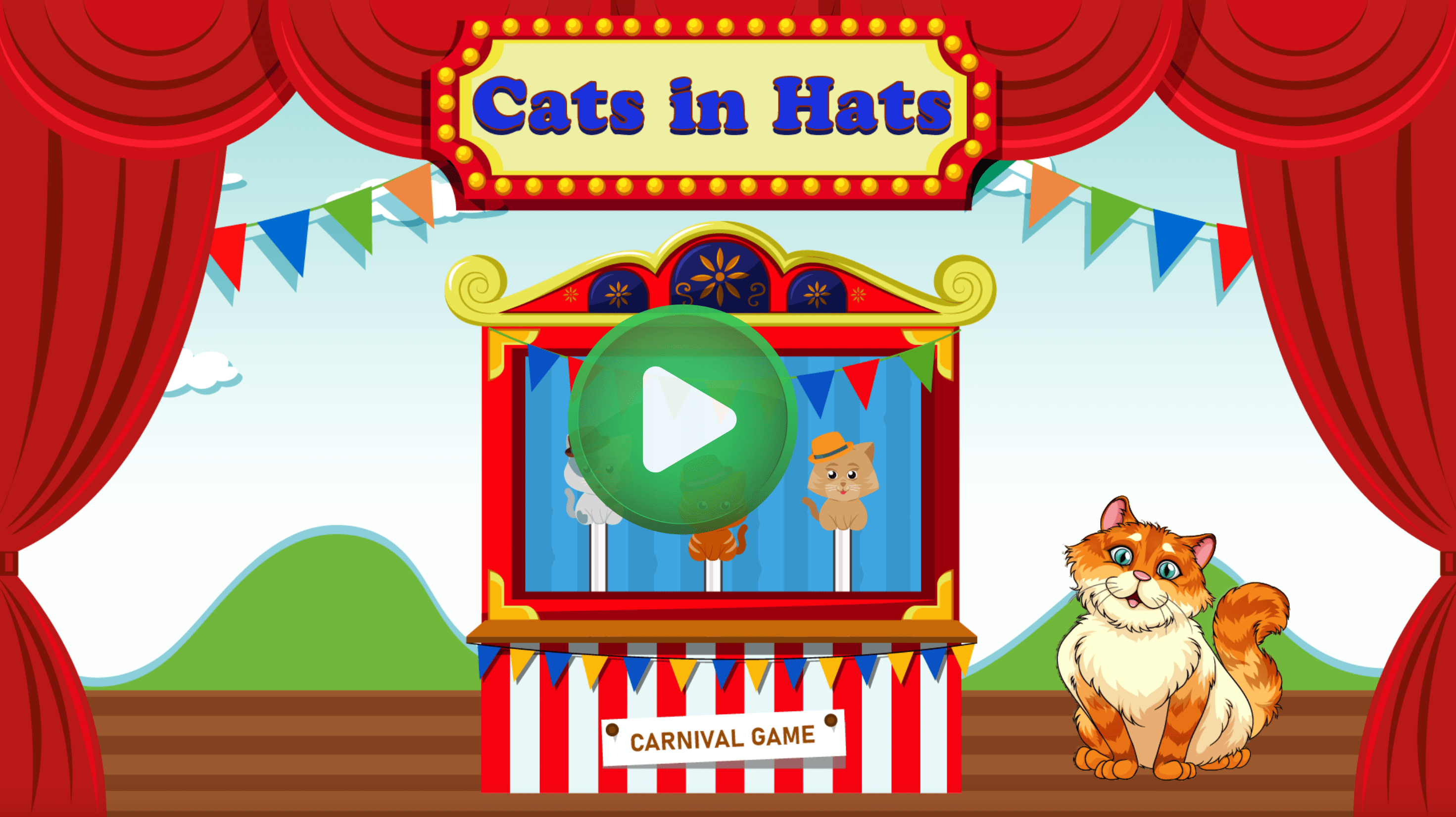 Game title screen featuring a cat at a carnival attraction and a green play button.
