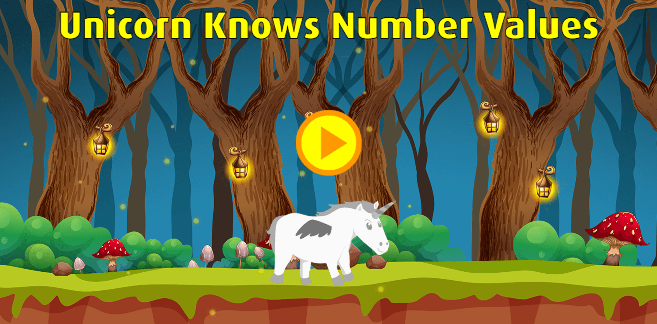 Title screen of a game featuring a unicorn in a forest setting and a yellow play button.