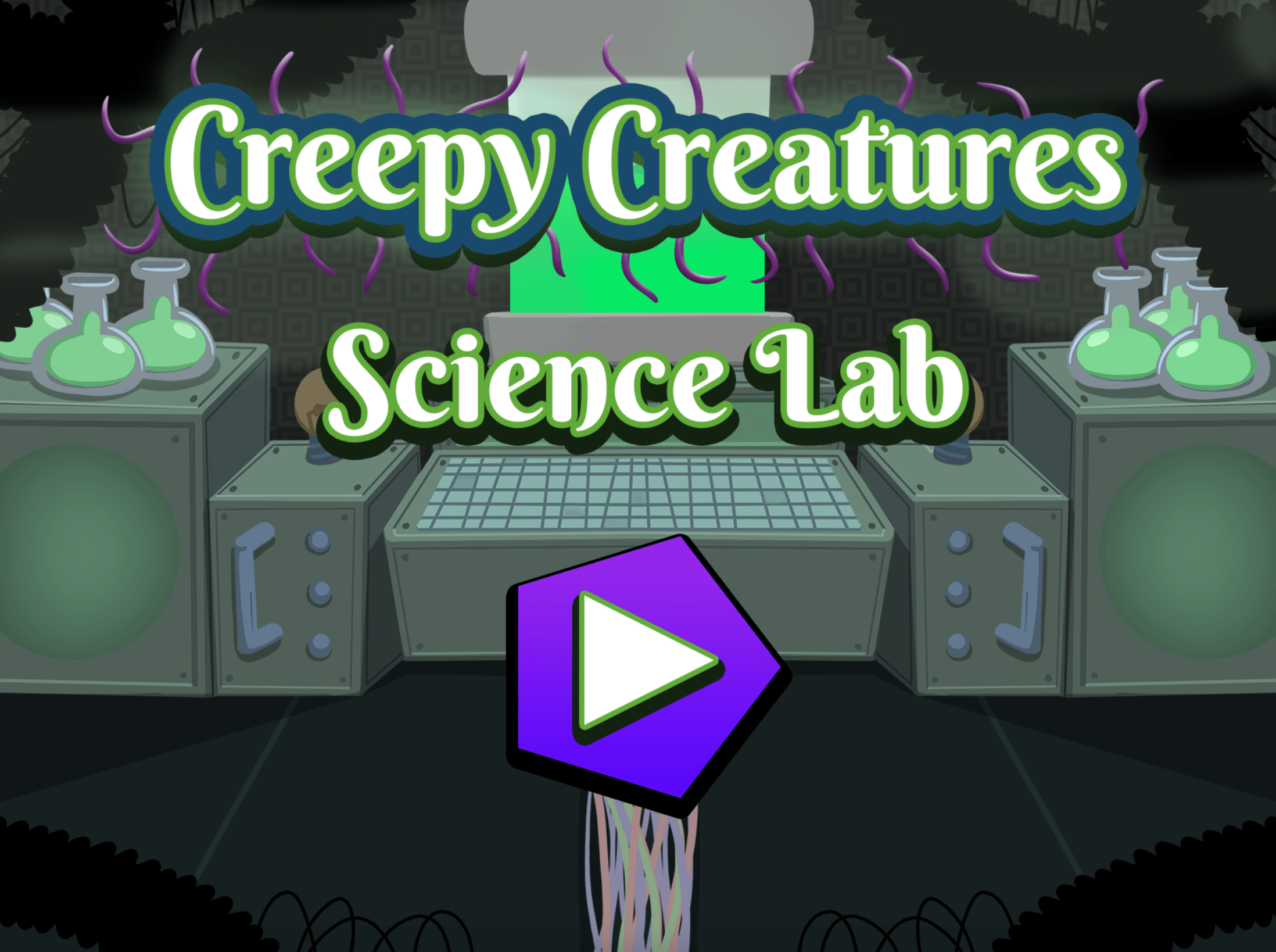 The title screen of a game featuring a dark science lab and a large play button.