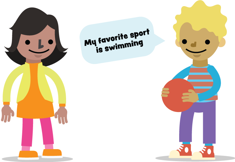 Two children standing next to each other with a speech bubble saying "My favorite sport is swimming"