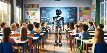 An AI robot standing at the front of a classroom replacing the teacher