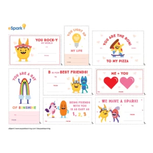 An image of eSpark themed Valentine's Day valentines for teachers and students. 