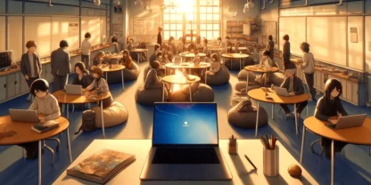 A brightly lit modern classroom from the teacher's point of view.