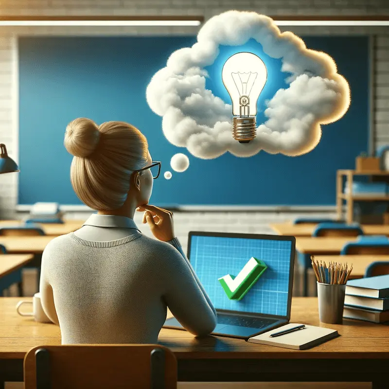 A teacher sits at her desk. A thought bubble containing a large lightbulb hovers over her and a laptop featuring a large green checkmark sits in front of her, representing AI predictions for ease of use and relevant suggestions.