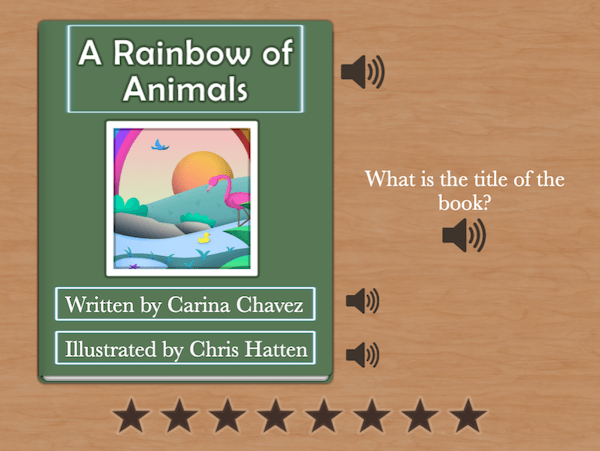 The book cover for "A Rainbow of Animals" with a prompt asking students to click on the title of the book.