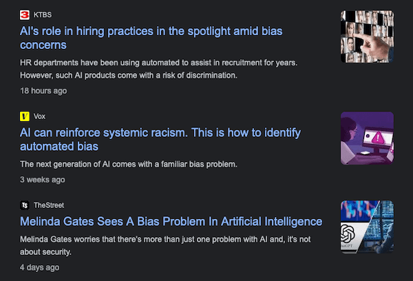 A screenshot of three news articles about bias in AI from Google search.