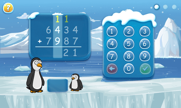Two penguins watch over a 4-digit addition problem with a number pad on the right side