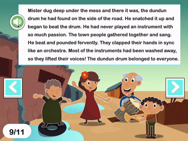 Townspeople dancing in the street while a page of a story is read aloud with highlighted text