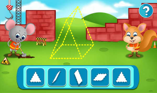 Two animal characters work in a construction site with an empty outline of a pyramid. Five 2D shapes sit in the foreground.