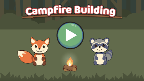 A fox and a raccoon sitting next to a fire with a large play button in the foreground