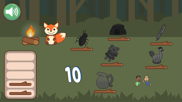 A fox sits next to a campfire. There are 8 objects in the foreground and it looks like the player has selected two correct answers already.