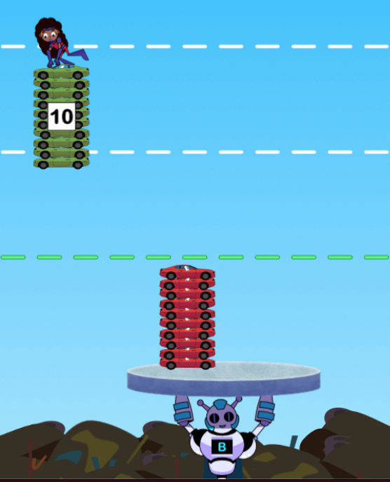 A superhero flying overhead with a stack of 10 cars and a robot holding a slab with ten other cars