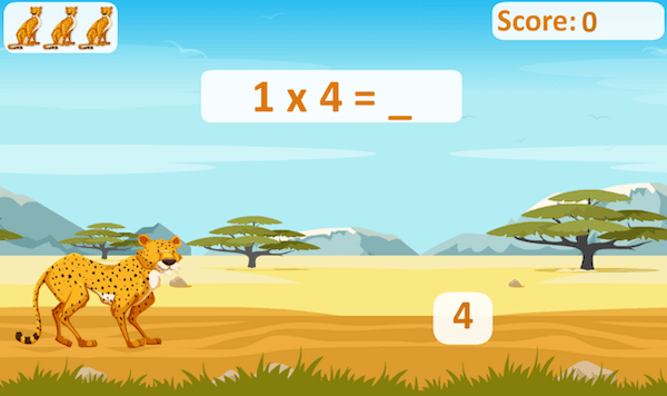 A cheetah races across the savannah with a multipilcation math problem in the foreground.