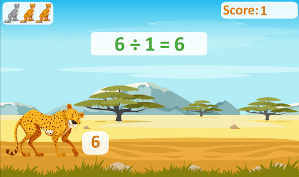 We see a Cheetah running along the ground with a divide by 1 math problem at the top of the screen.