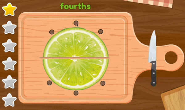 An animated GIF showing students chopping foods into fourths and feeding it to hungry hippos.