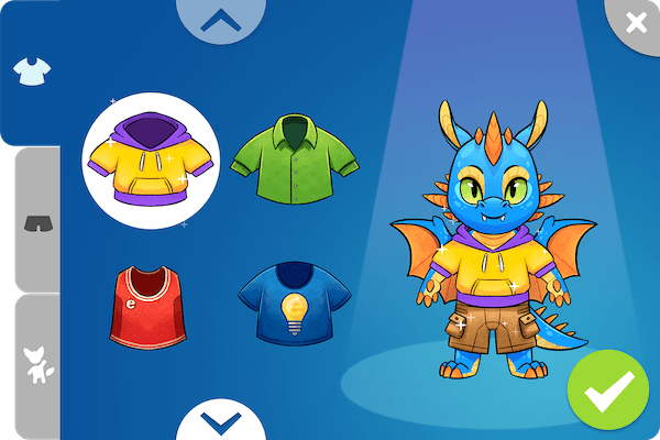 An eSpark character spotlit on the right of the image, with shirt/top options for students to choose from on the left.