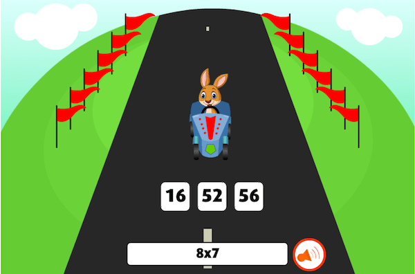 A rabbit in a derby car faces a multiplication problem on its way down the hill.