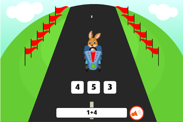 A rabbit in a derby car faces an addition problem on its way down a hill.