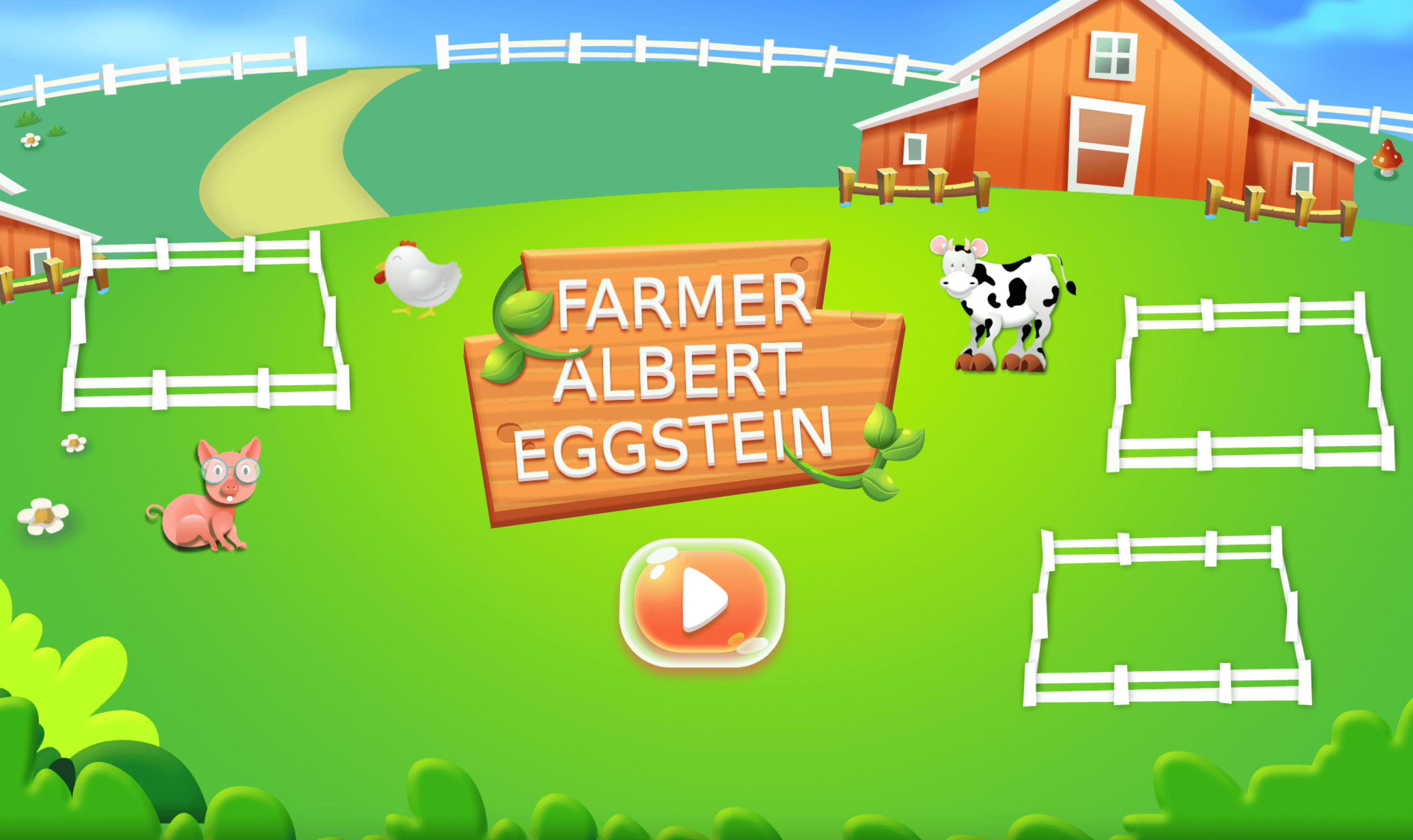 A game title screen featuring a farm background and a play button.