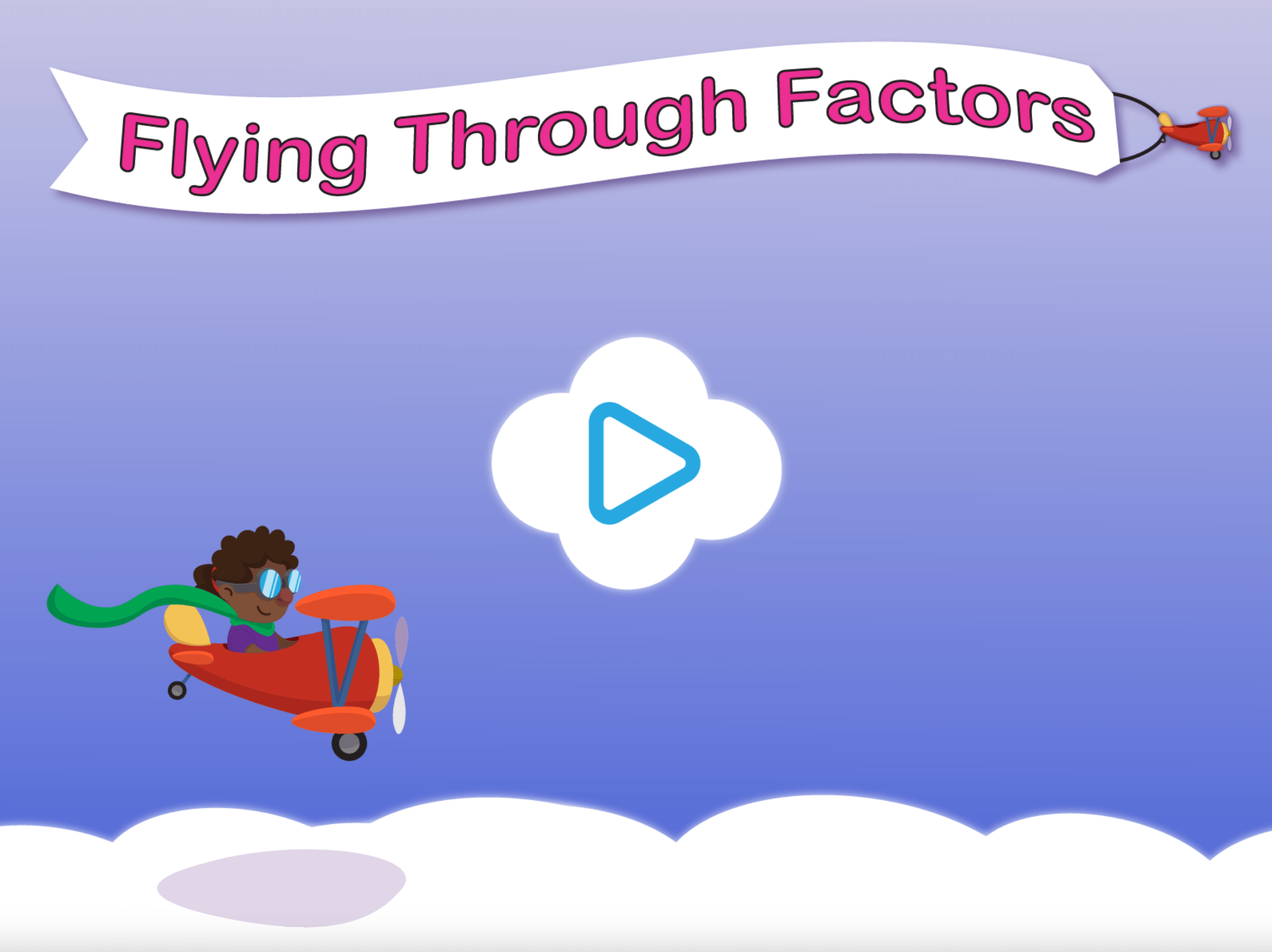 Title screen of a game featuring a kid in a prop airplane and a play button on a cloud.