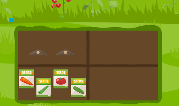 A rectangular garden divided into four quadrants. One quadrant holds planted seeds and another contains a selection of seed packets.