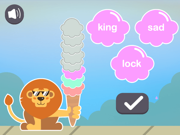 A lion holding a partially completed 8-scoop ice cream cone. There are 3 words in the foreground for a student to choose from.