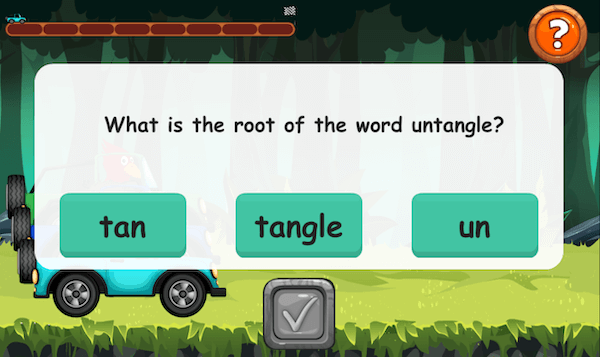 We can vaguely see racing cars in the background, but the foreground is dominated by a multiple choice question asking students to identify the root word of "untangle."