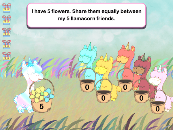 A llamacorn holding a basket containing five flowers from its mouth, with five friends holding baskets and the prompt "Share them equally between my 5 llamacorn friends."