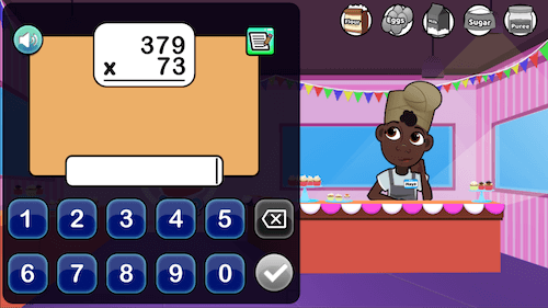 A multiplication problem (379 x 73) on the left side of the screen and Maya the cupcake shop owner watching on from the right side of the screen.