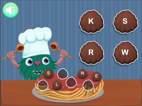 A furry monster standing over a plate of spaghetti with meatballs containing various letters of the alphabet